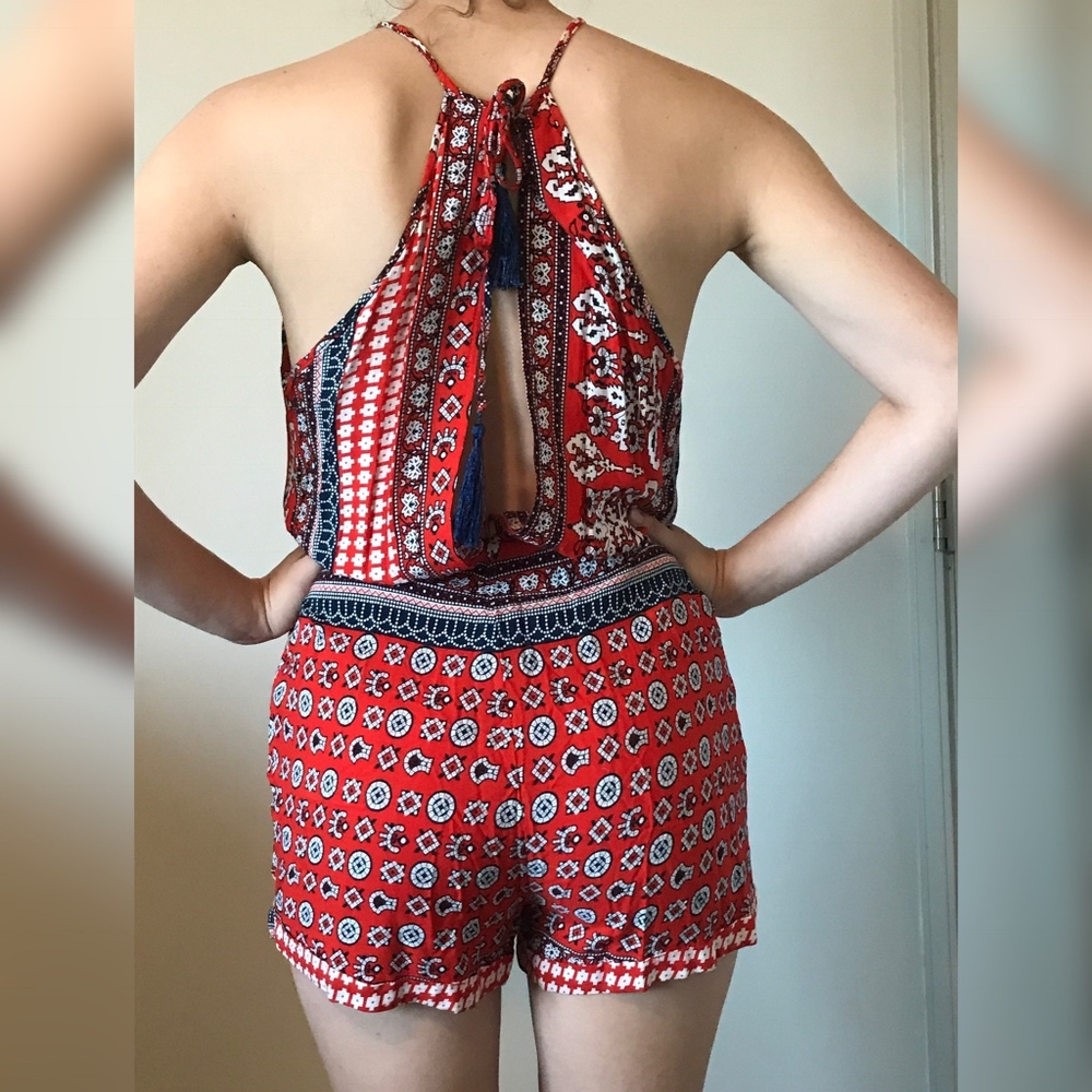 Red Patterned Halter Romper with Open Back