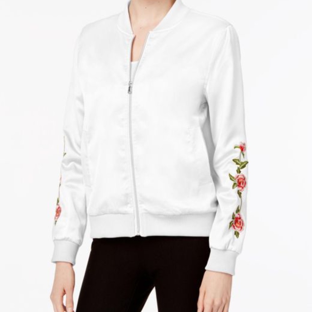 Women's White Embroidered Satin Bomber Jacket