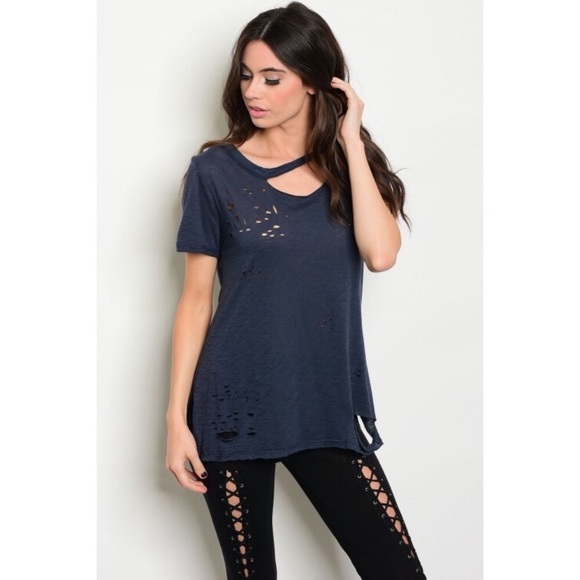 Sugar Punch Couture Tops - Navy Blue Ripped Tee