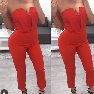 Strapless red jumpsuit