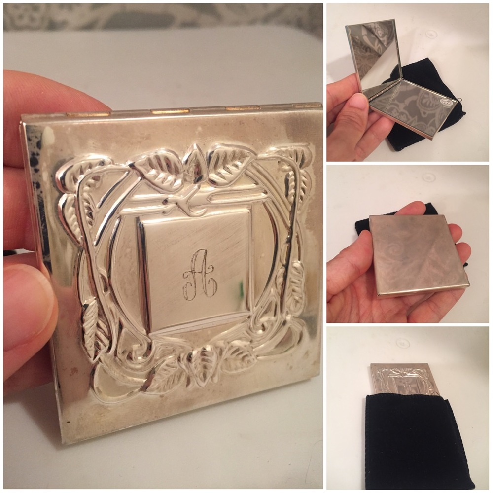 SOLD Monogrammed A Silver Two Sided Compact Mirror