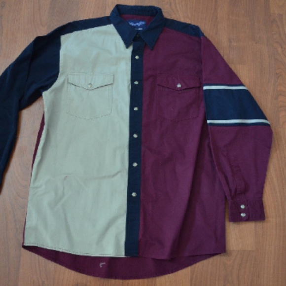 Vintage 80s Mauve/ Cream Western Shirt w. Blue Tri - Picture 3 of 5