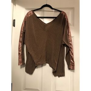 Brown vneck sweater with gold sequins on sleeves