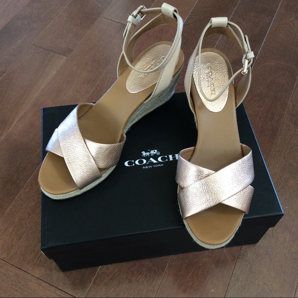 BNWOB Coach light gold Hanna Wedge Sandals - Picture 1 of 7