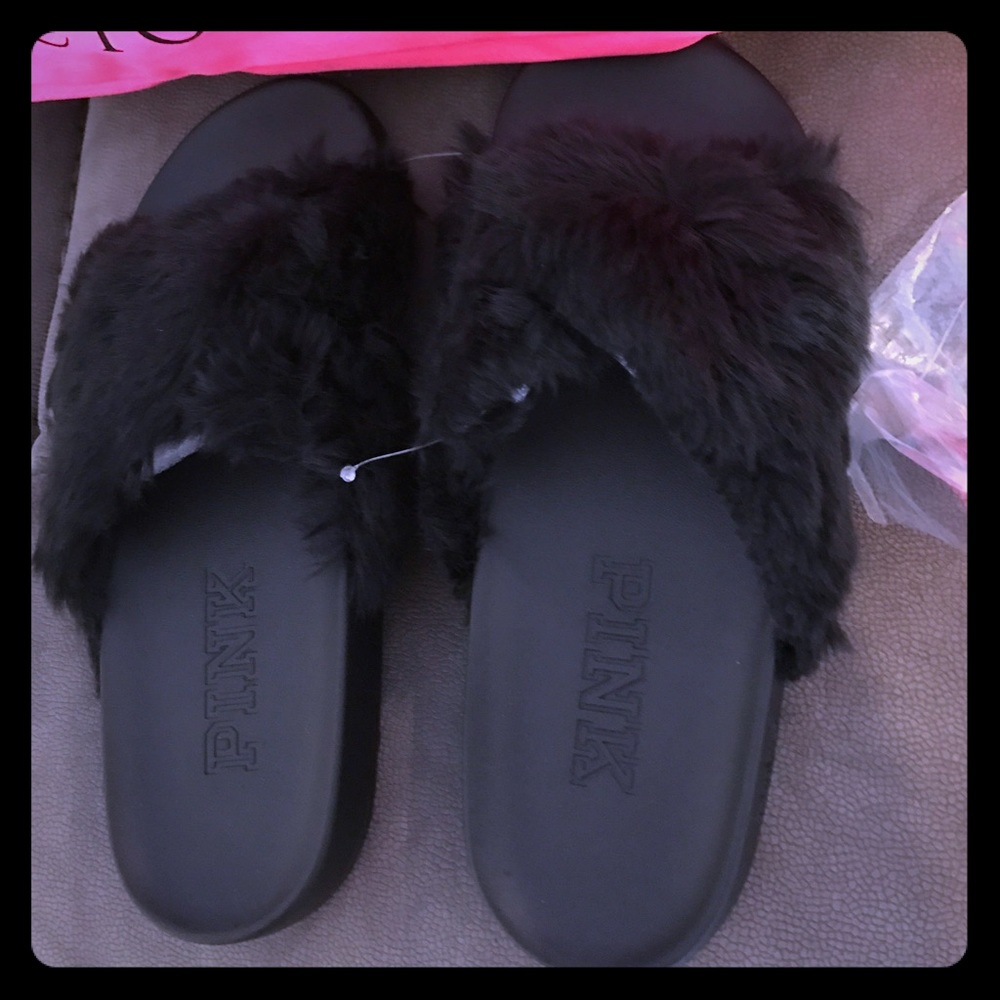 ❌sold❌Victoria secret Pink slides black fury M