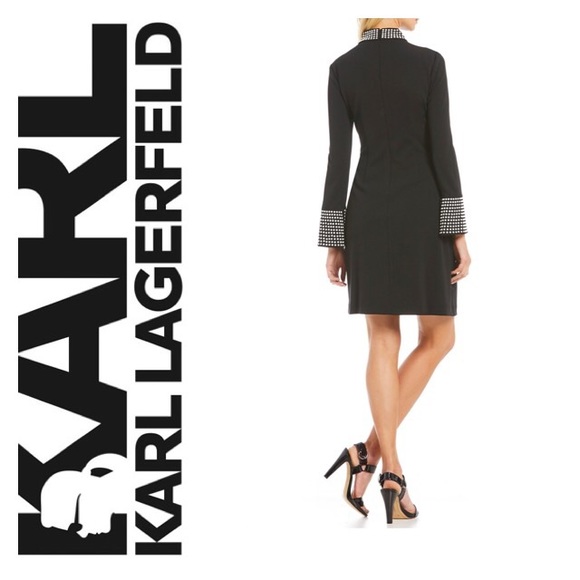 KARL LAGERFELD PARIS Pearl Trimmed Mockneck Dress - Picture 2 of 7