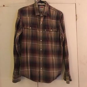 Brown, purple, white, tan plaid shirt