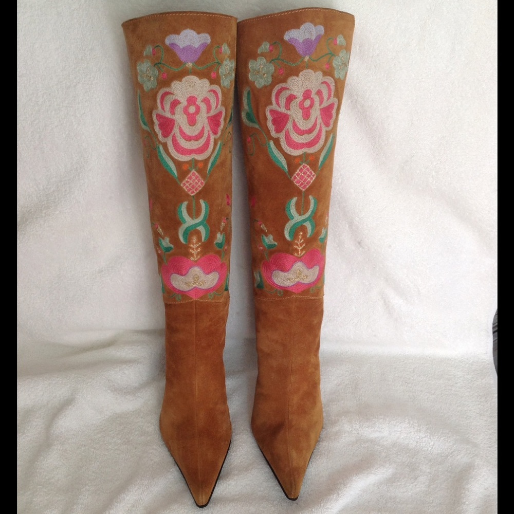 Casadei Cognac Suede Embroidered Sz9.5M Boots