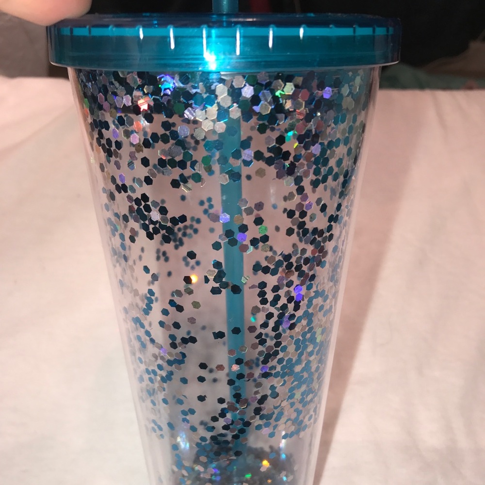 blue and silver (moveable) glitter cup with straw