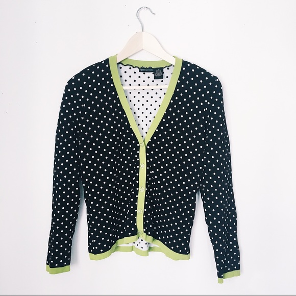 yarns and stitches Sweaters - BLACK & WHITE POLKA DOT CARDIGAN LIME GREEN TRIM