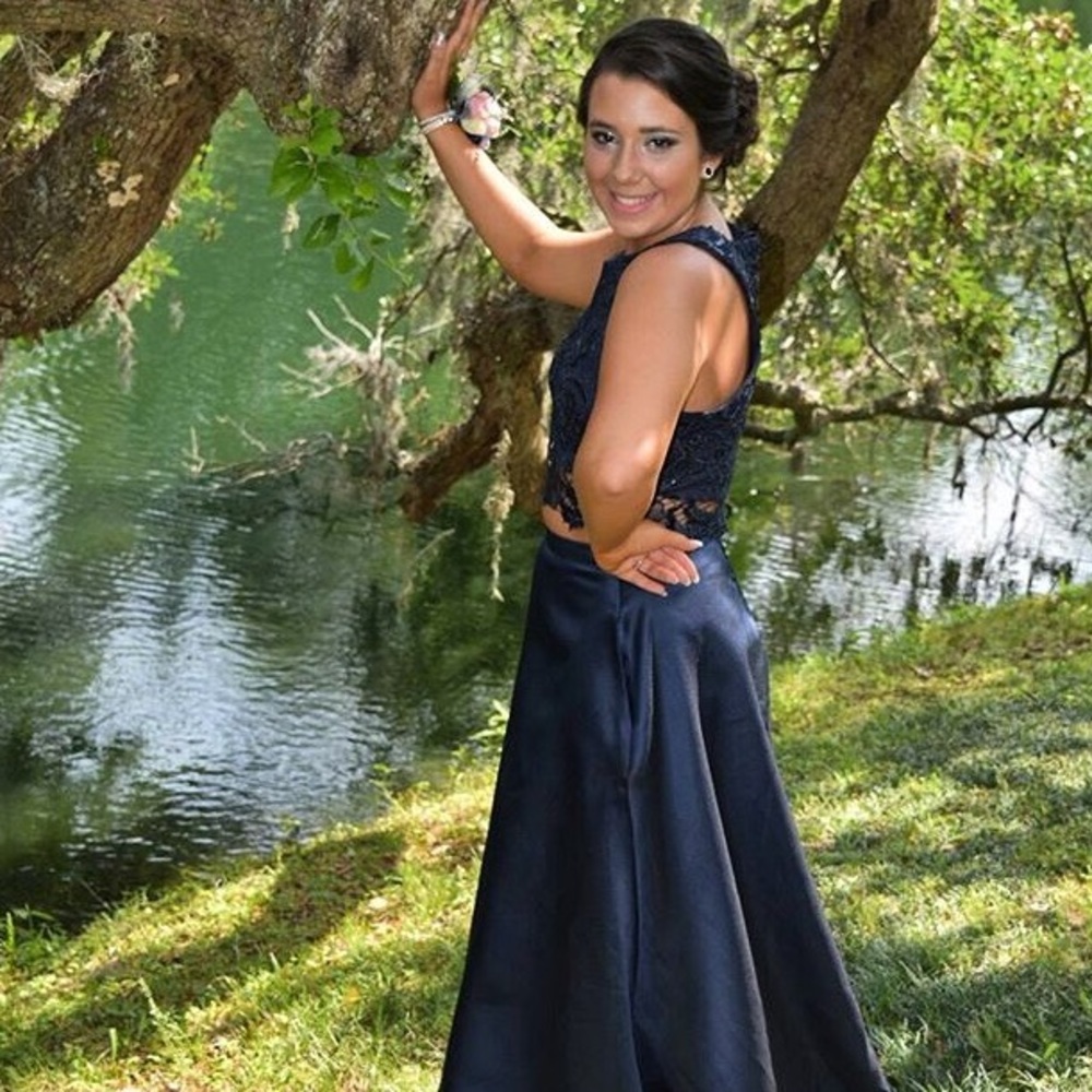 Navy blue two piece prom dress