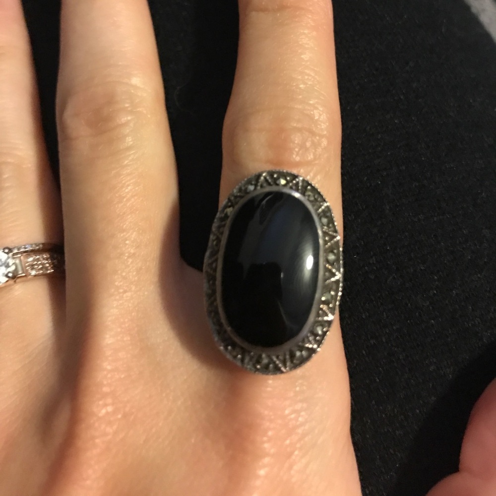 Antique sterling silver black onyx and marcasites