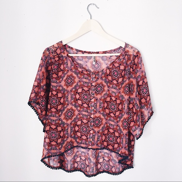 Mudd Tops - BOHO GYPSY HIGH LOW BLOUSE POM POM DETAILS