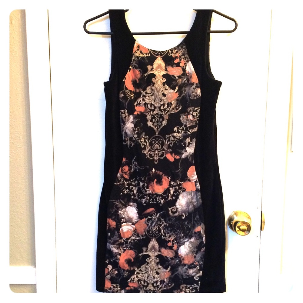 Asos black bodycon mini baroque print dress goth