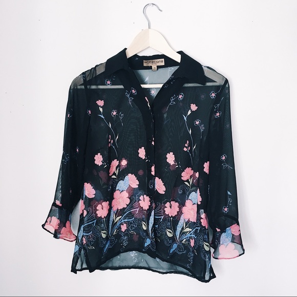 Notations Tops - 90'S STYLE SHEER BELL SLEEVE BLOUSE FLORAL DETAILS
