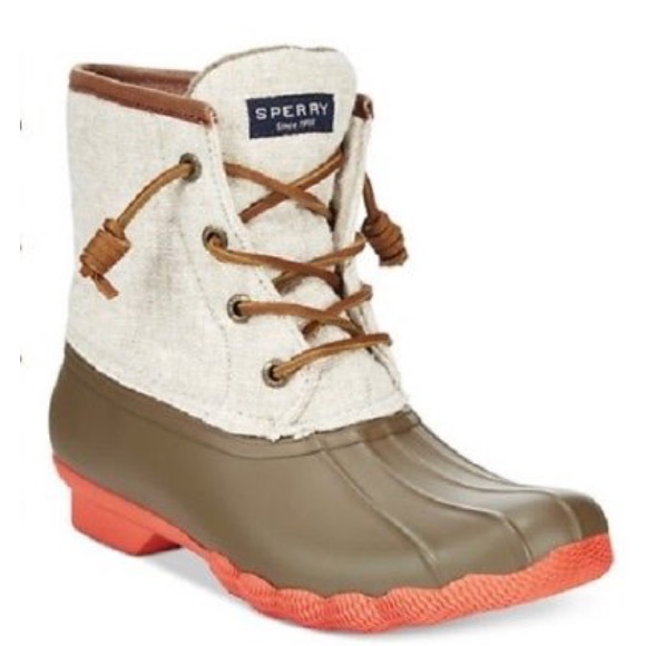 sperry saltwater duck boots taupe coral