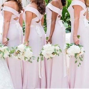 Dessy Off the Shoulder Crepe Gown