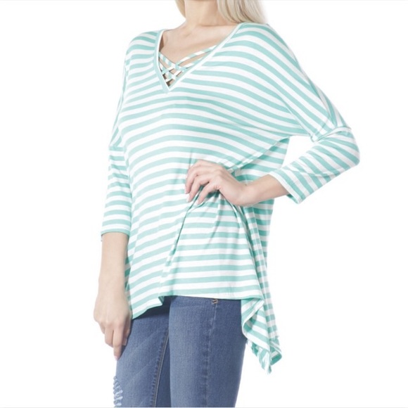 Assymetric Criss-Cross Neck Striped Top - Picture 2 of 8