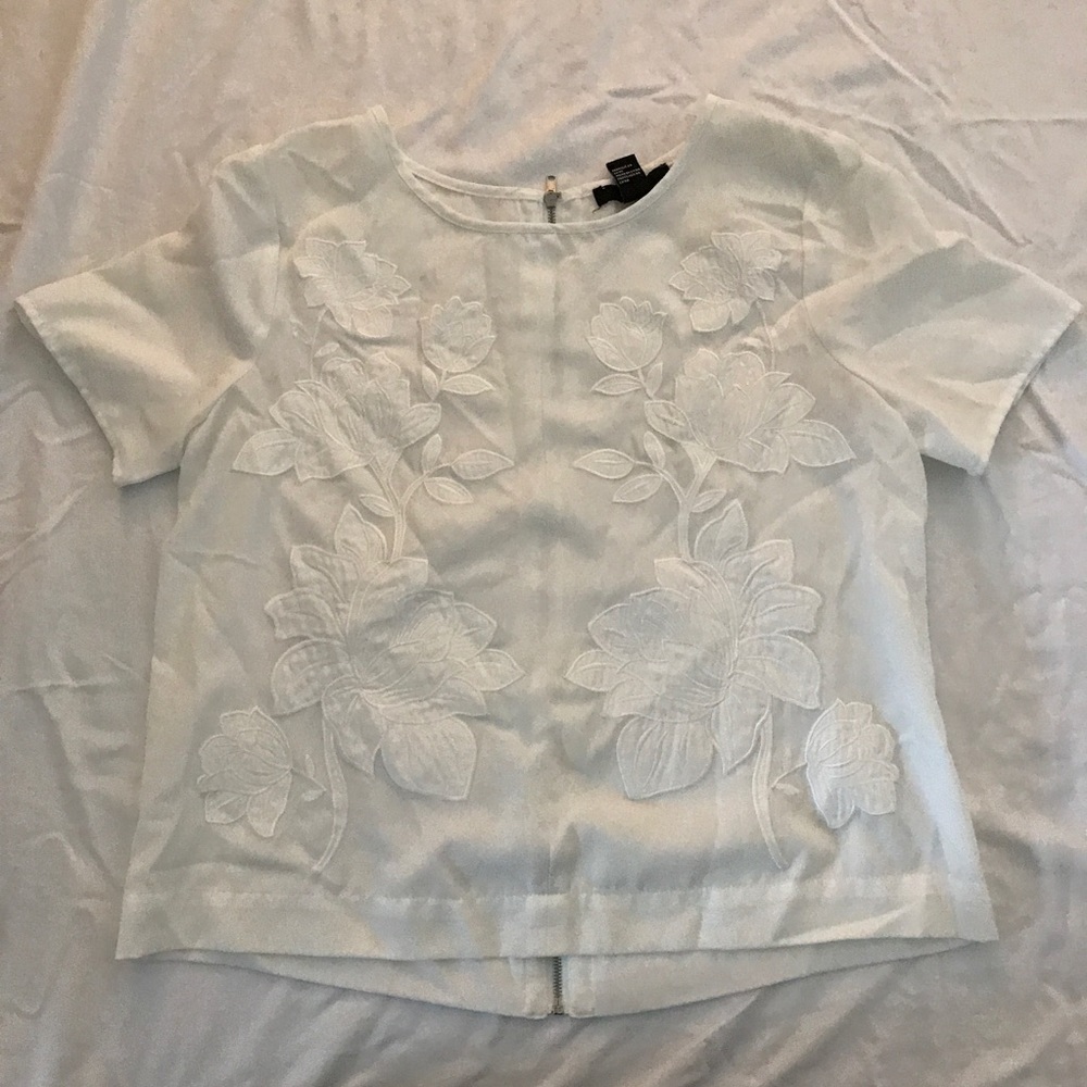 CUTE FLORAL EMBROIDERY CREAM EXPOSED ZIPPER TOP