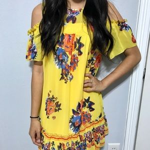 Yellow floral cold shoulder dress