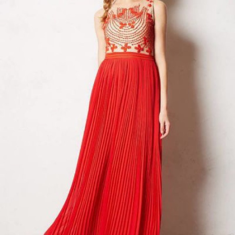Anthropologie Rubied Dusk Pleated Red Maxi Dress