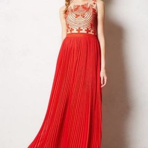 Anthropologie Rubied Dusk Pleated Red Maxi Dress