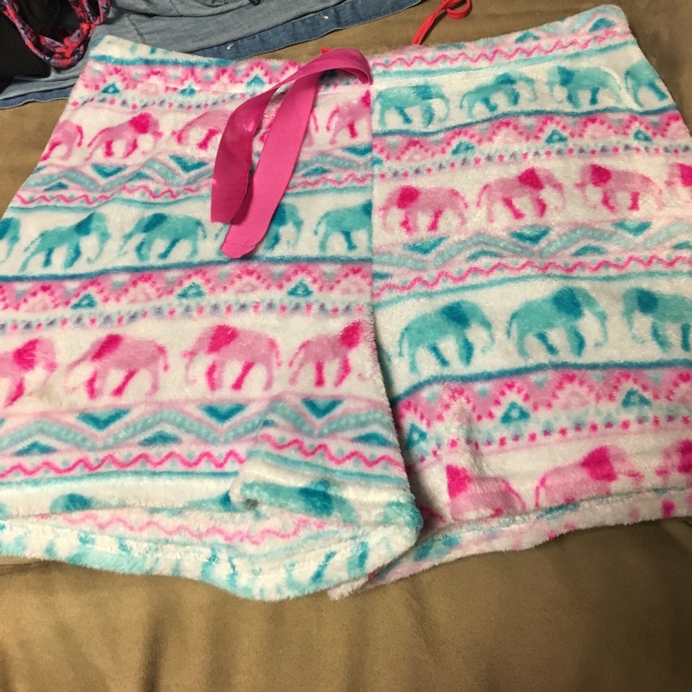 Fuzzy white, pink and blue pajama shorts