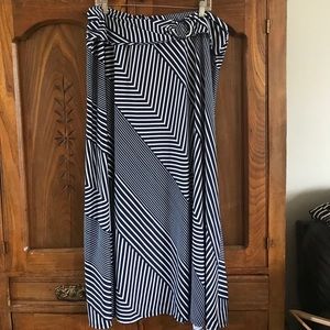 Blue and white striped A-line maxi skirt