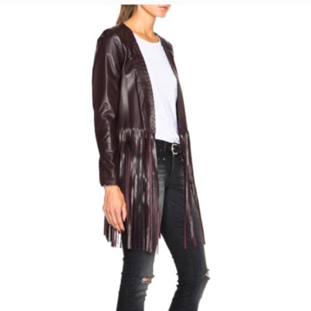 Burgundy genuine leather fringes jacket
