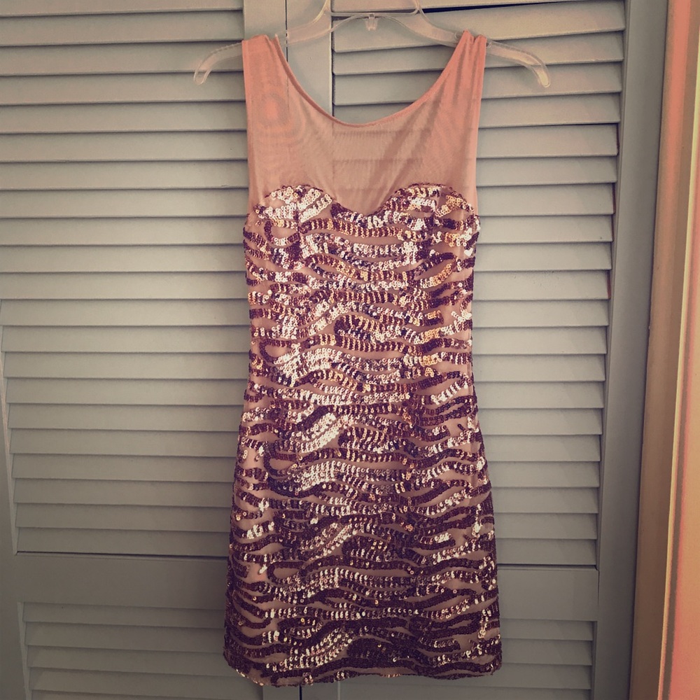 Sequined and Sheer Nude Mini Dress