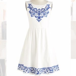 Modcloth White and Blue Embroidery Seaside Dress