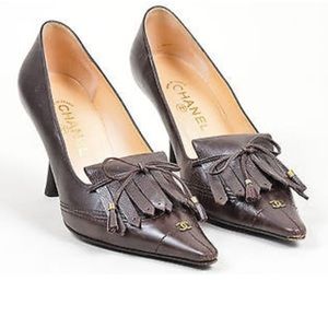 Chanel dark brown tab fringe heel