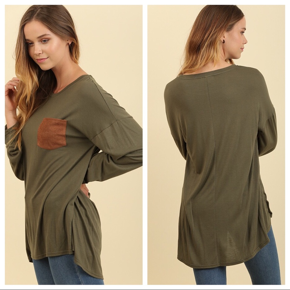 Umgee Long Sleeve suede pocket top