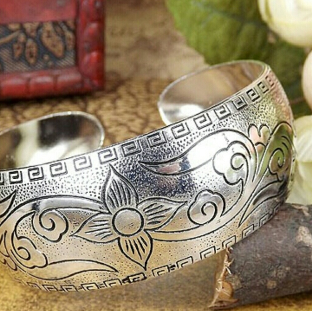 Tibetan Carved Flower Boho Adjustable Cuff