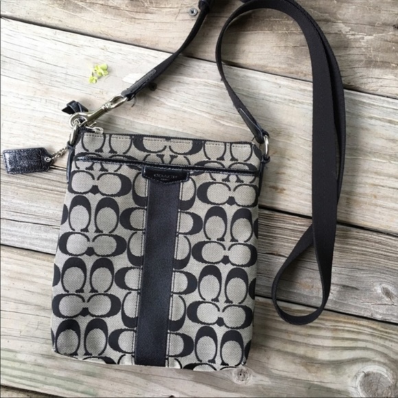 Coach Handbags - Coach Black Gray Signature Stripe Crossbody Bag
