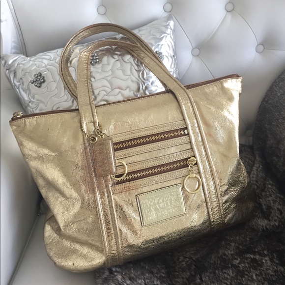 Coach Handbags - Coach Signature Poppy Gold Leather Glam Tote