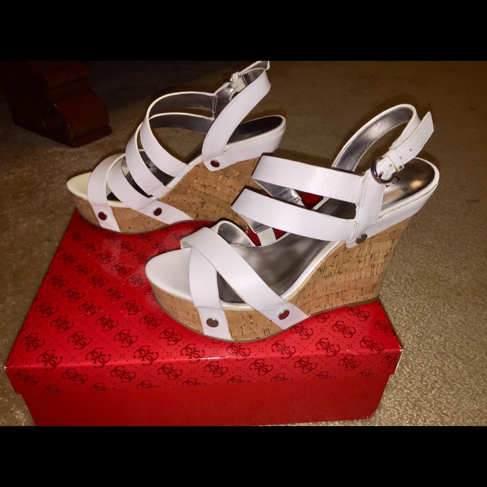 Guess white strapped platform heels, size 8.