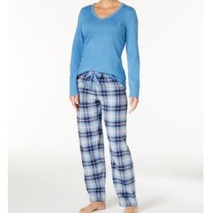 Nautica V neck knit Top Flannel Pajama Pant Set