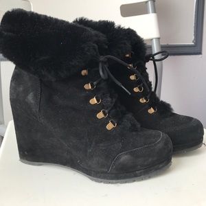 L.K. Bennett fur lined suede wedge booties.
