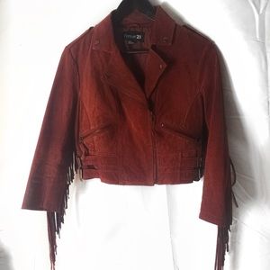 Zipper red/burgundy suede jacket with fringe