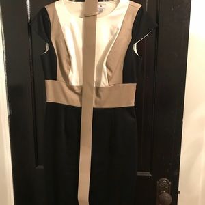 Black, tan and white dress and tan belt