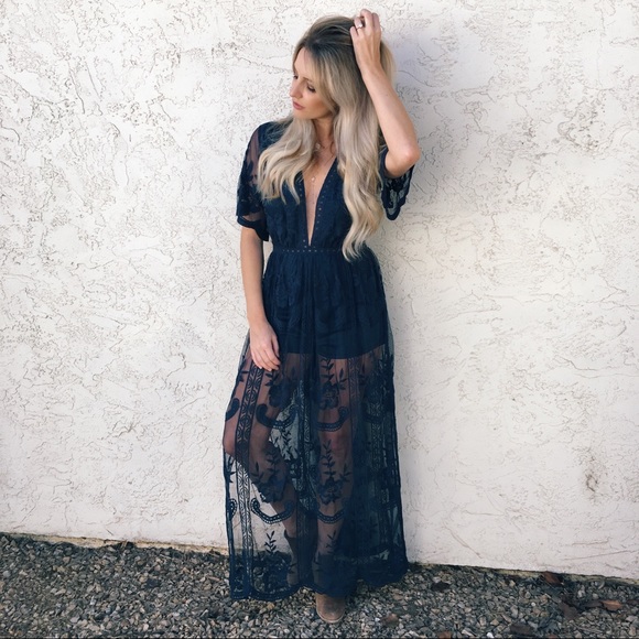 Honey Punch Dresses & Skirts - Honey Punch Lace Maxi Dress in Navy