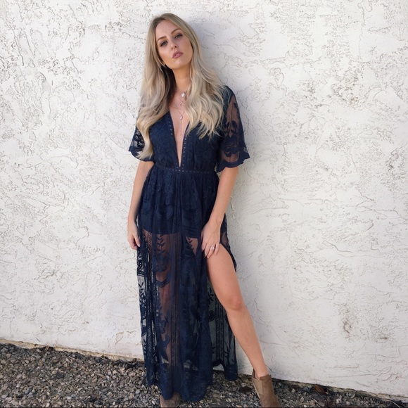 Honey Punch Lace Maxi Dress in Navy - Picture 3 of 8