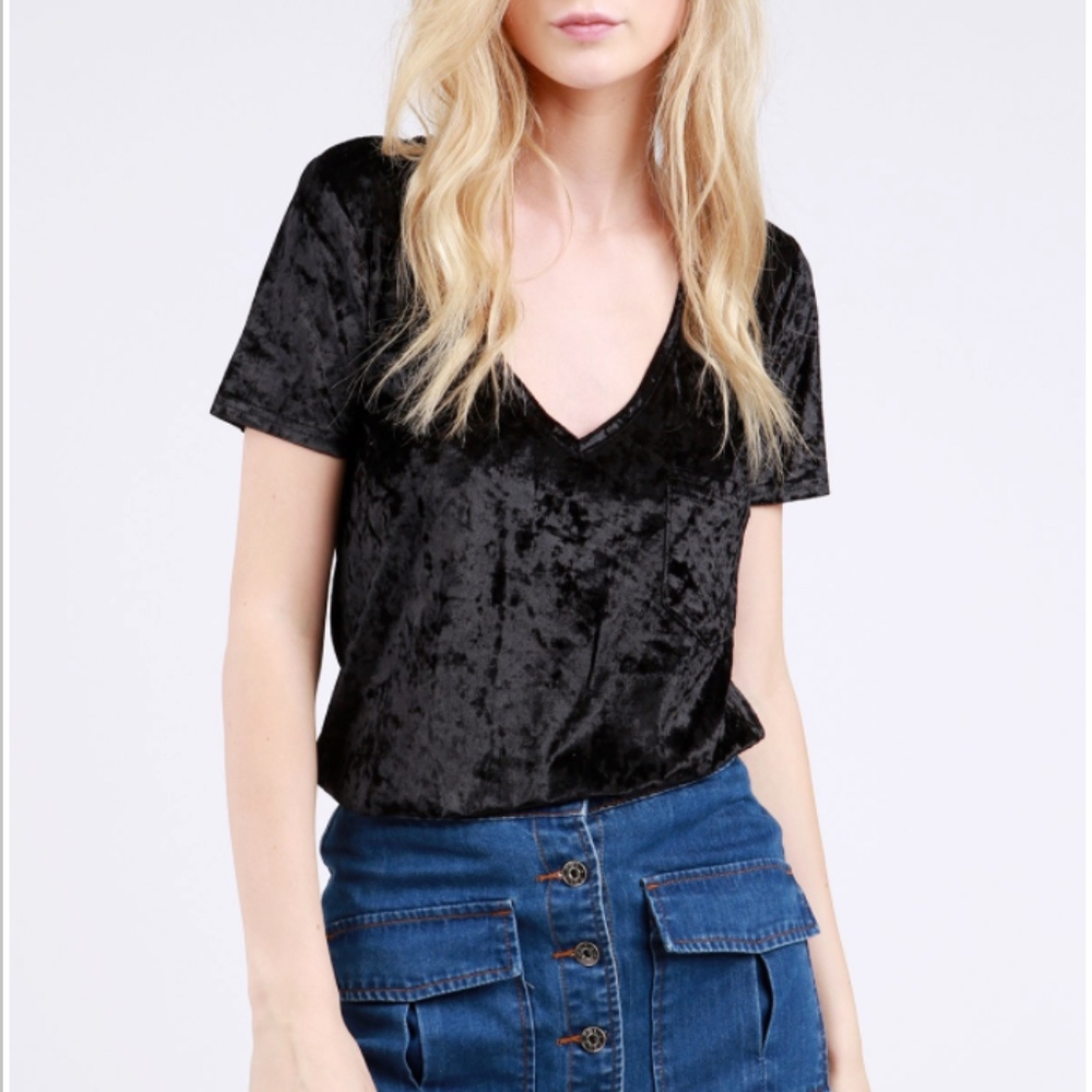 Crushed Velvet V Neck Boyfriend Tee - Black - Picture 1 of 7