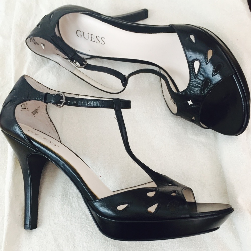Guess Amelia Black Leather T-Strap Heels