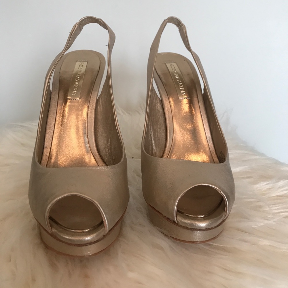 Bcbg gold sling back heels