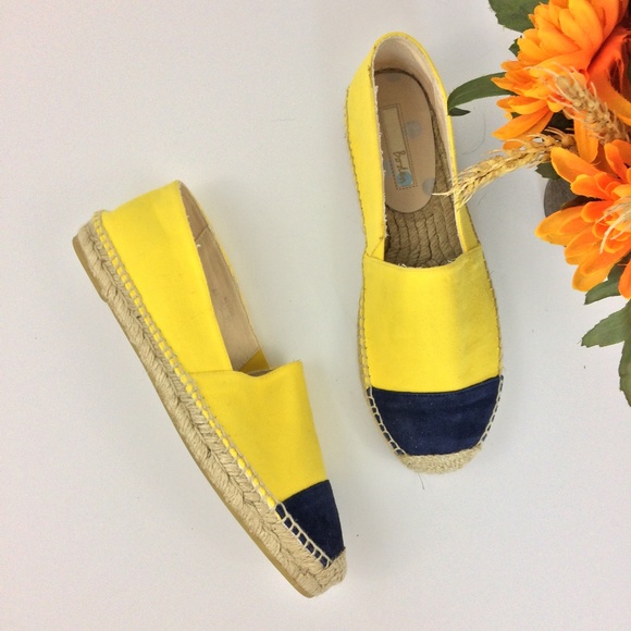Boden Shoes - BODEN Yellow Canvas & Navy Suede Flat Espadrilles