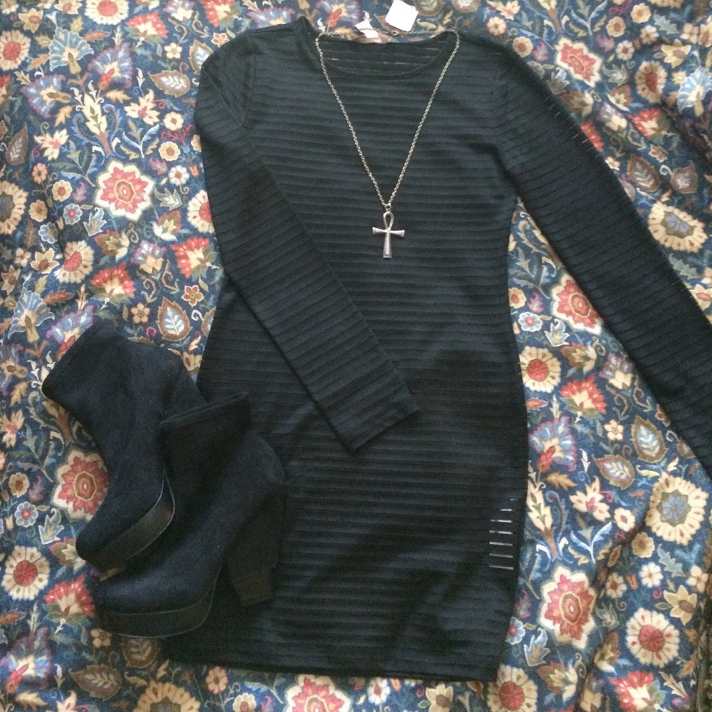 F21 black sheer striped mini long sleeve dress NWT