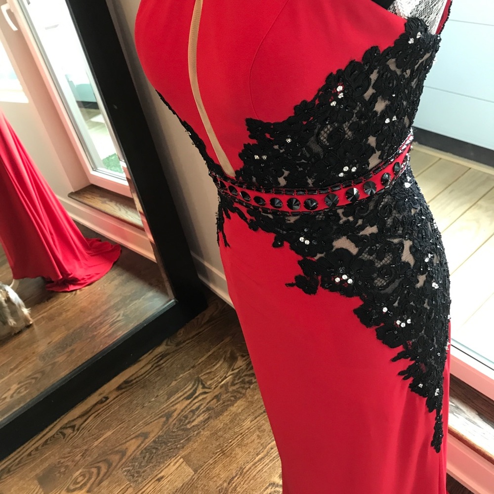 Sherri hill red and black halter gown