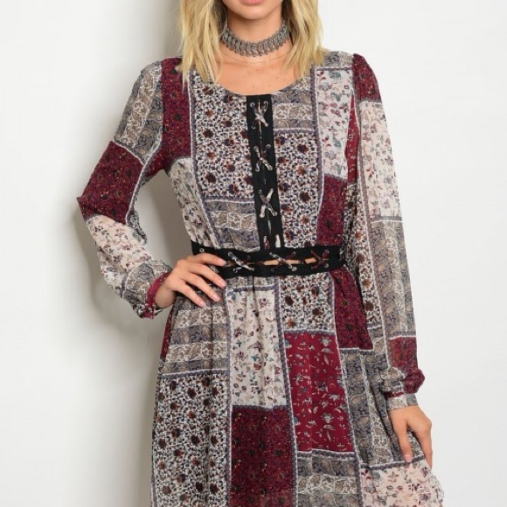 Autumn Wine Patchwork Flowy Dress